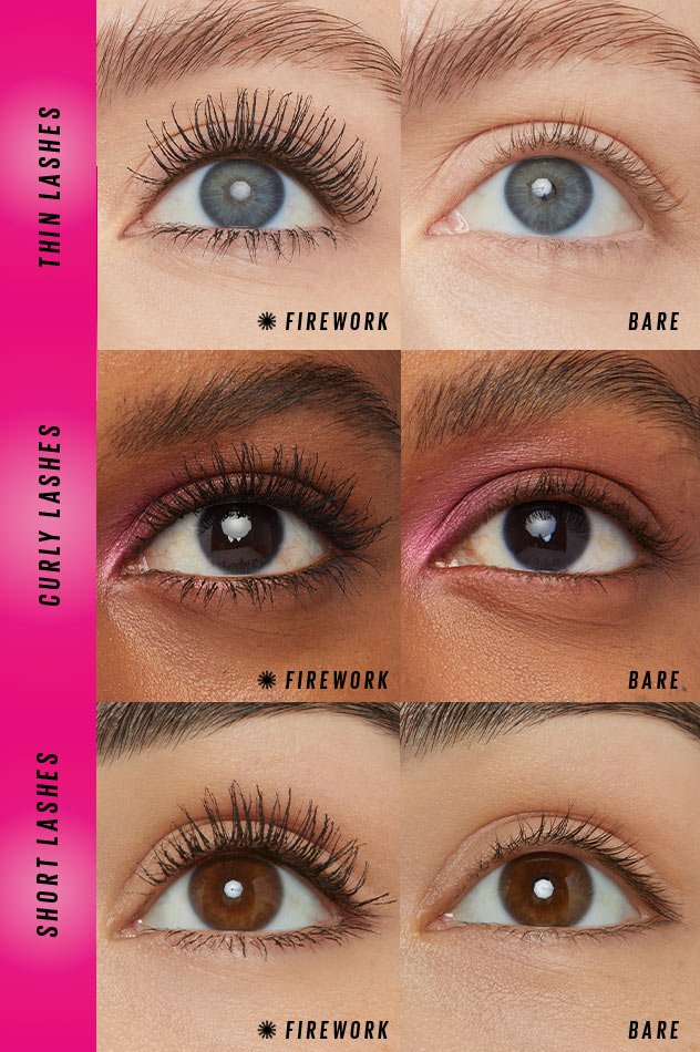 Before & after showing thin, curly, and short lashes with Maybelline Lash Sensational Firework Electro Black mascara applied.