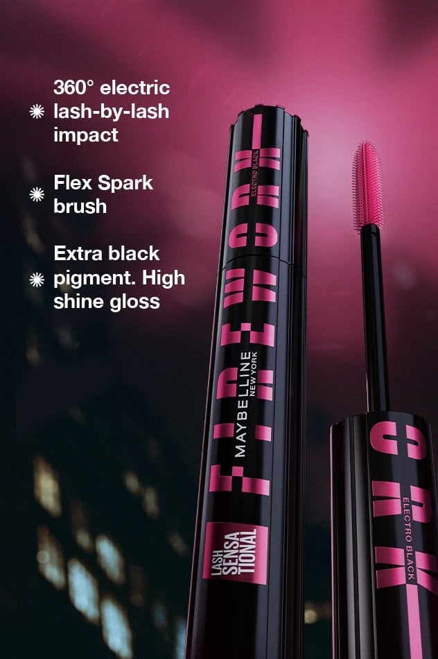 Maybelline Lash Sensational Firework Electro Black mascara with claims: lash impact, Flex Spark brush, extra black pigment.