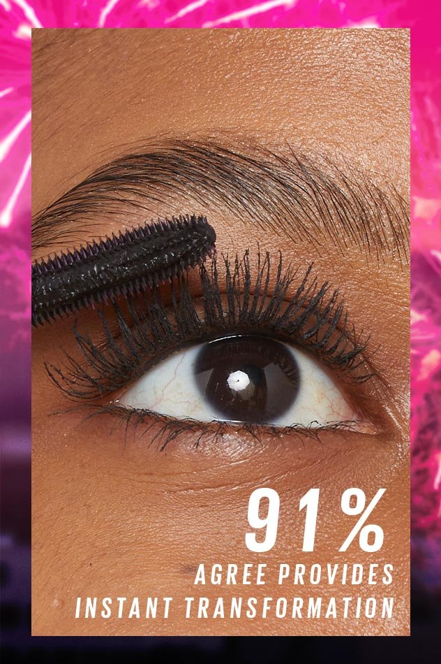 Close-up of lashes with Maybelline Lash Sensational Firework mascara applied, text overlay: 91% agree instant transformation.