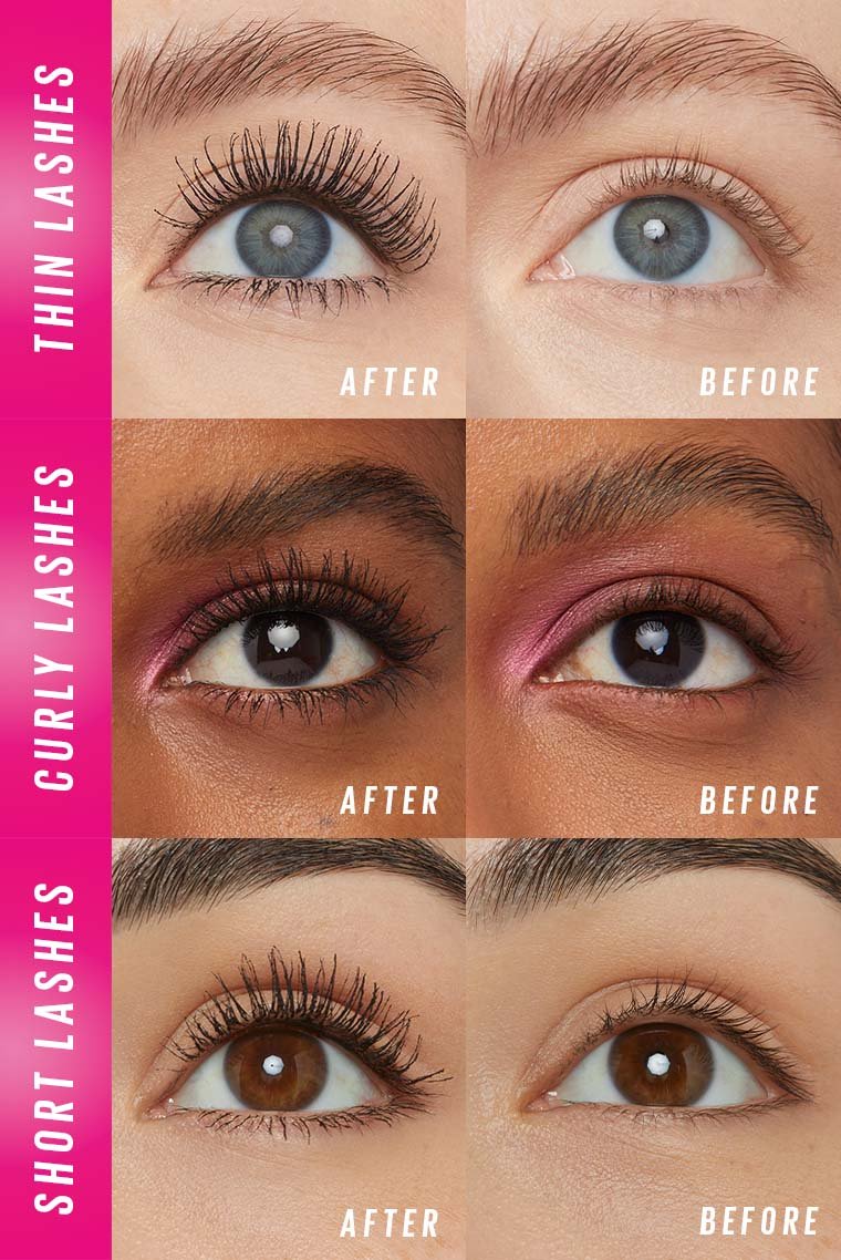 Before-and-after showing thin, curly, and short lashes with Maybelline Lash Sensational Firework mascara applied.