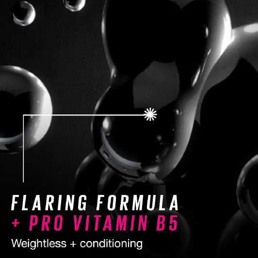 Graphic showing Maybelline Lash Sensational Firework mascara flaring formula with Pro-Vitamin B5, weightless conditioning.