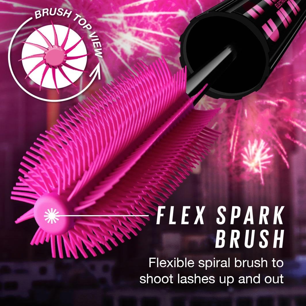 Close-up of Maybelline Lash Sensational Firework Flex Spark brush with text highlighting flexible spiral lash fanning design.