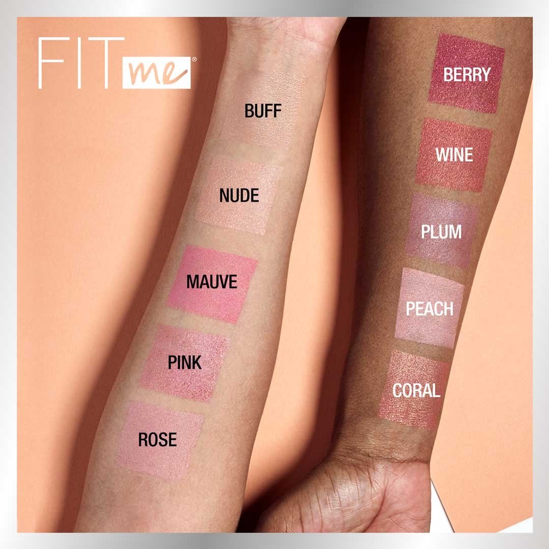 Maybellines Fit Me Blush shades swatched on arms with fair and deep complexions.
