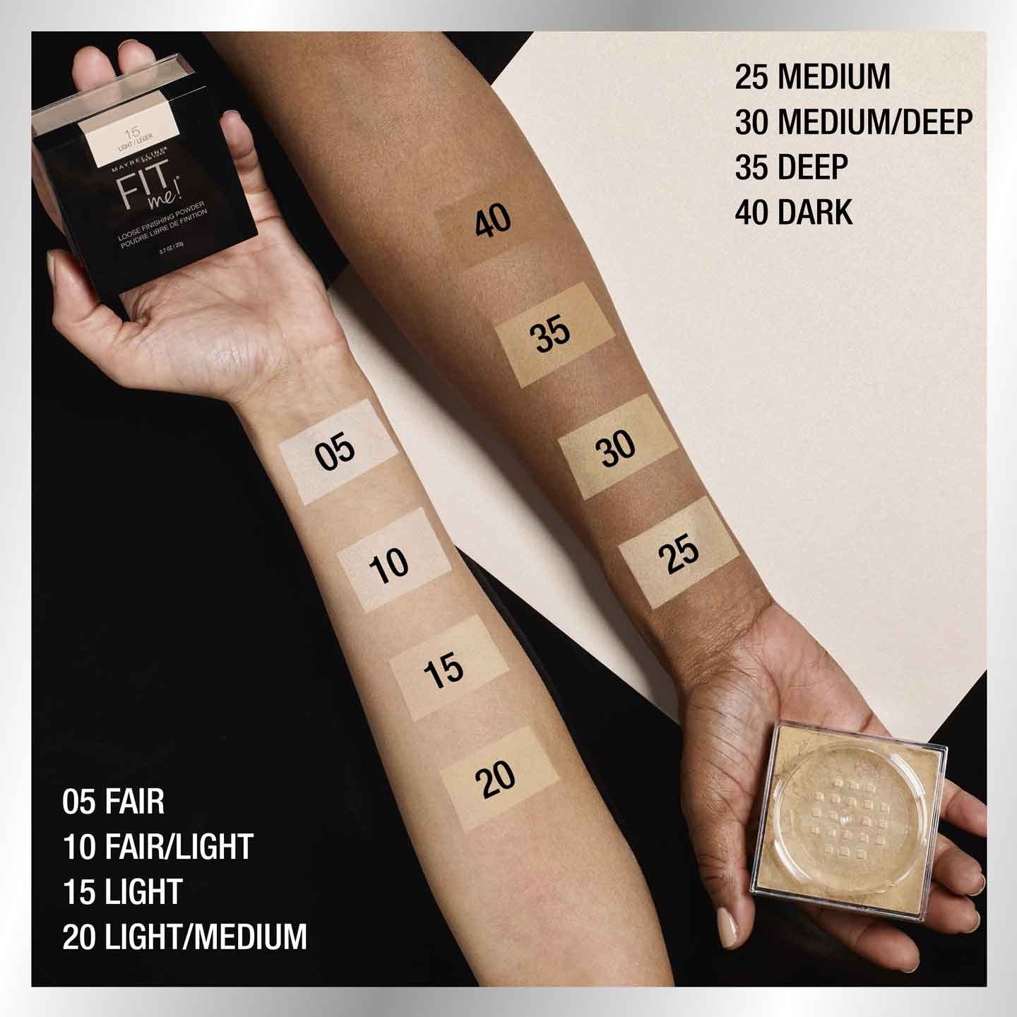 Maybellines Fit Me Loose Powder swatched on arms with fair and deep complexions.