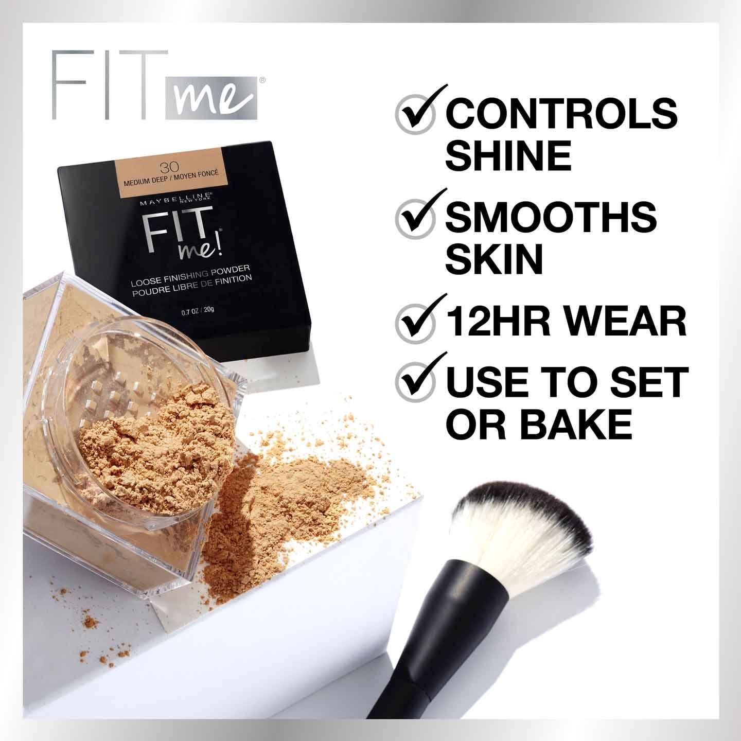 Use Maybellines Fit Me Loose Powder to bake and set makeup for up to 12 hours of wear.
