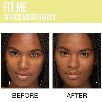 Model showing before and after applying tinted moisturizer by Maybelline.