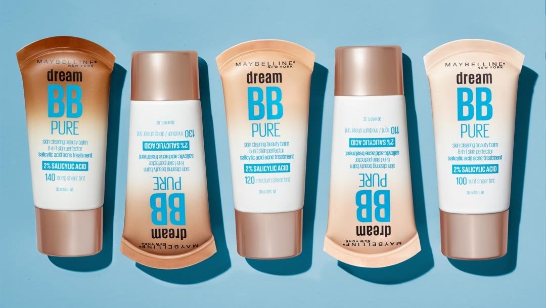 Product laydown shot of Maybellines bb cream with salicylic acid for clearer, smoother skin.