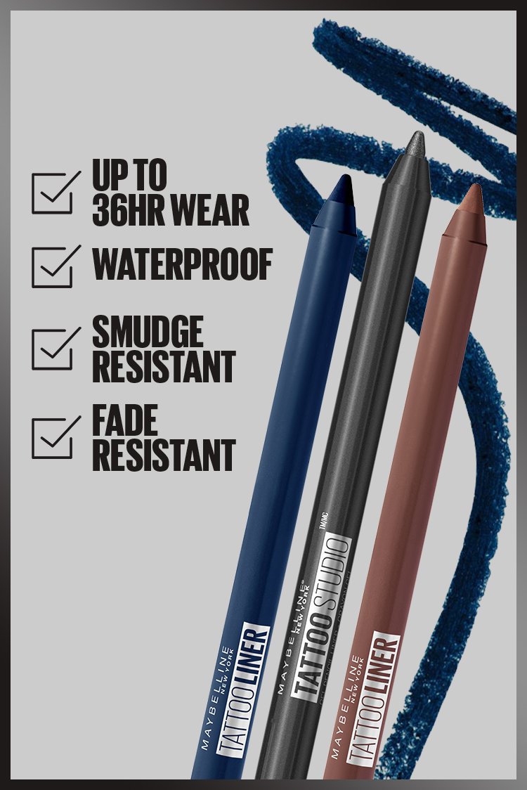 Product laydown shot of Maybellines Tattoo Studio Gel Pencil Metallic Benefits