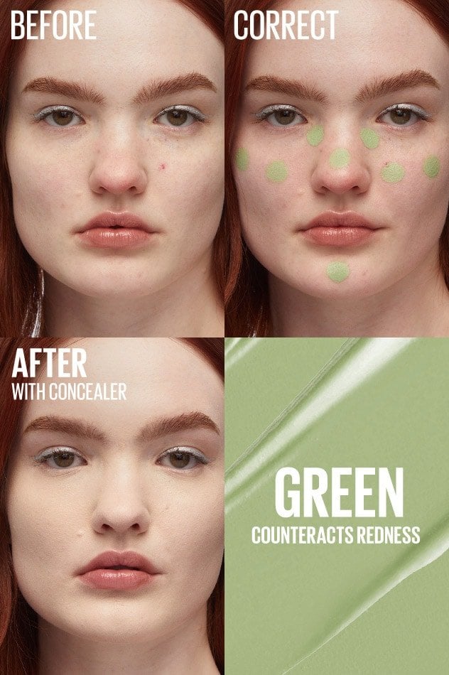 Before, Correct, After images of model wearing Color Correcting Concealer in shade Green counteracts redness