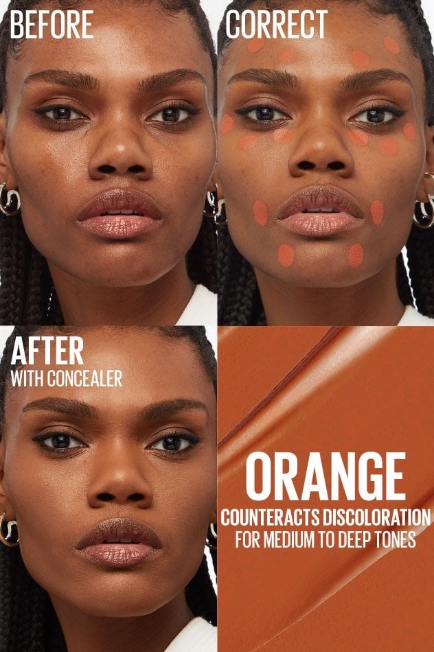 Before, Correct, After images of model wearing Color Correcting Concealer in shade Orange counteracts discoloration