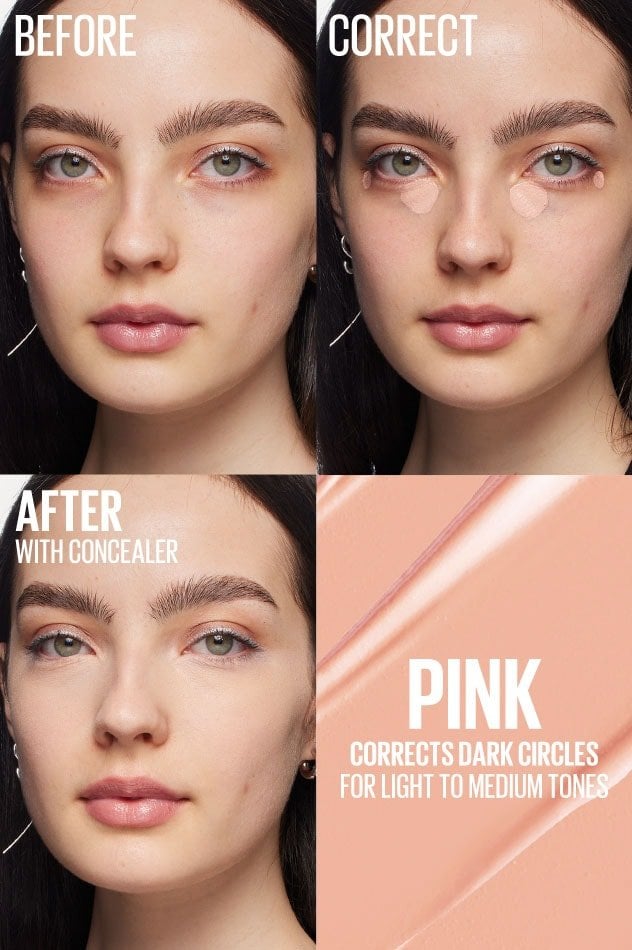 Before, Correct, After images of model wearing Color Correcting Concealer in shade Pink corrects dark circles