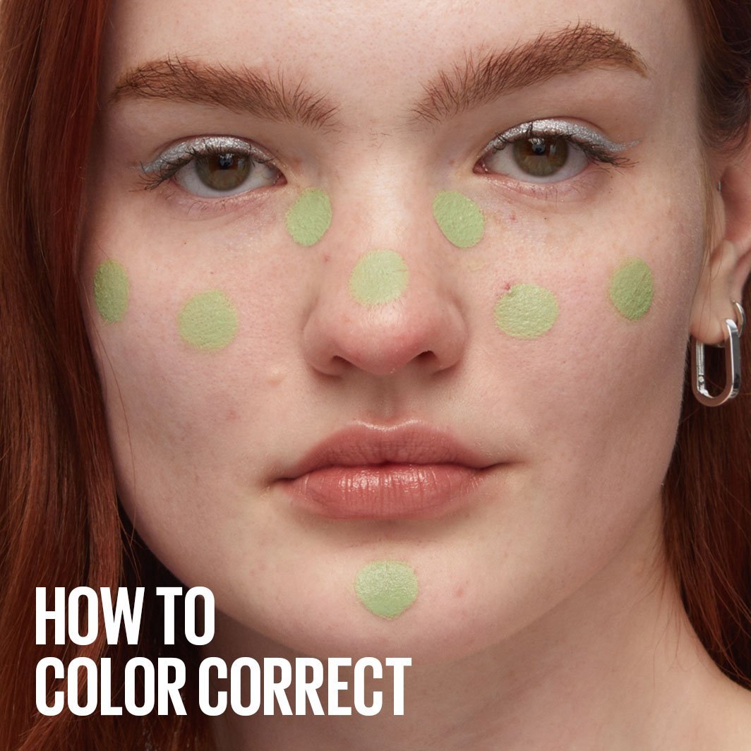 Model wearing spots of Instant Age Rewind Eraser Color Corrector in shade Green with text: How to Color Correct