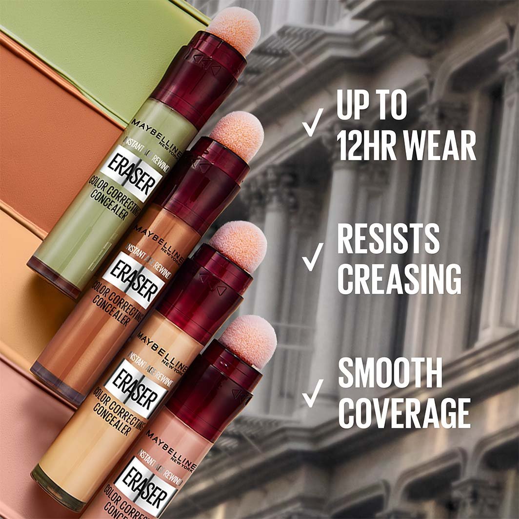 Graphic of Instant Age Rewind Color Correctors with text: Up to 12HR Wear. Resists Creasing. Smooth Coverage