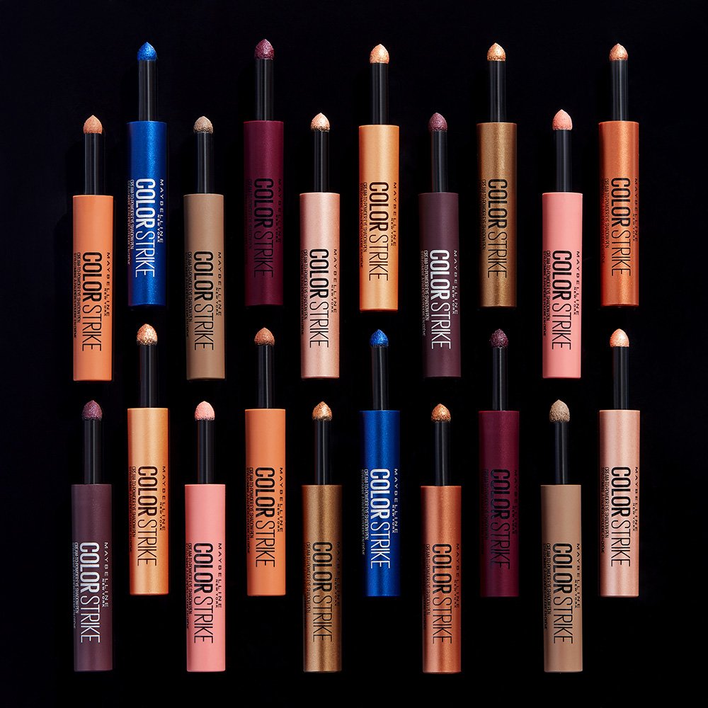 An aerial shot of Maybelline\'s Color Strike Eyeshadow Sticks