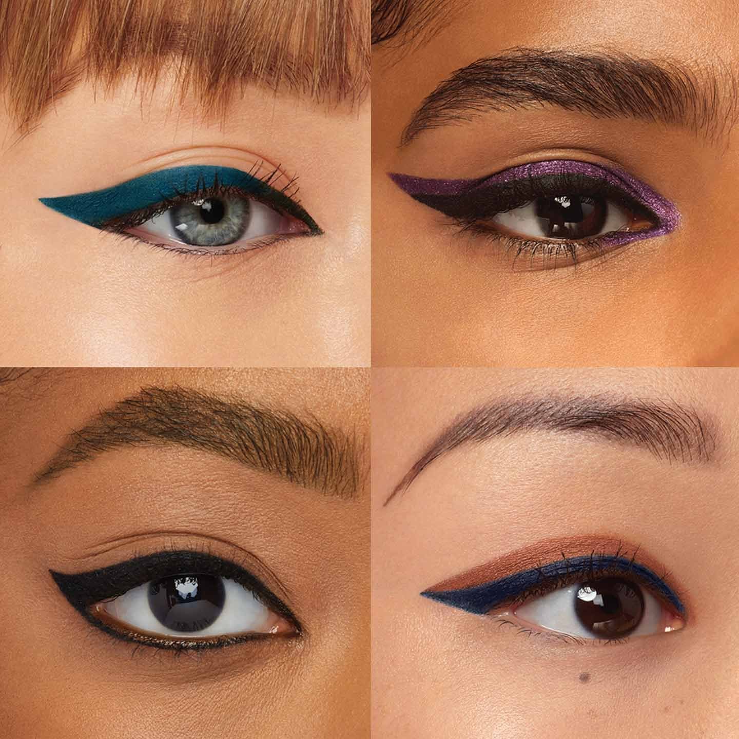 Models wear colored eyeliner, like green eyeliner and purple eyeliner, in cute eyeliner styles.